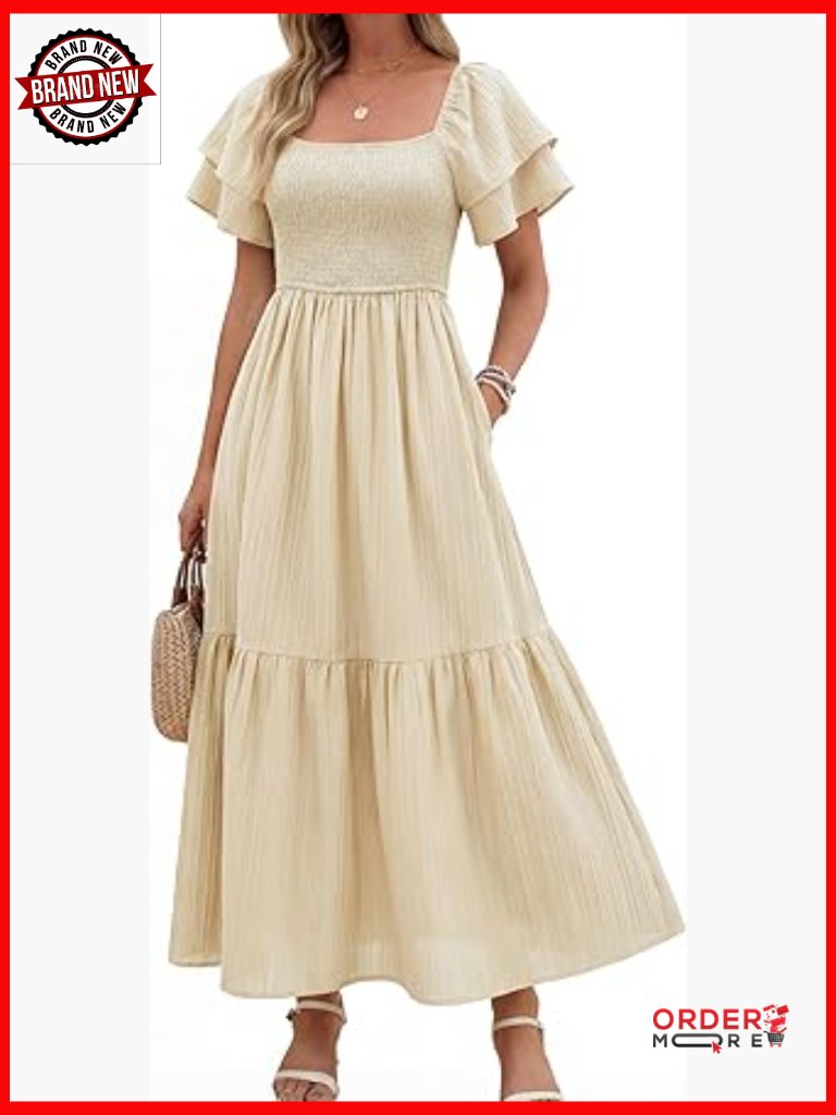 Square Neck Off Shoulder Midi Dress With Pockets & Smocked Bodice